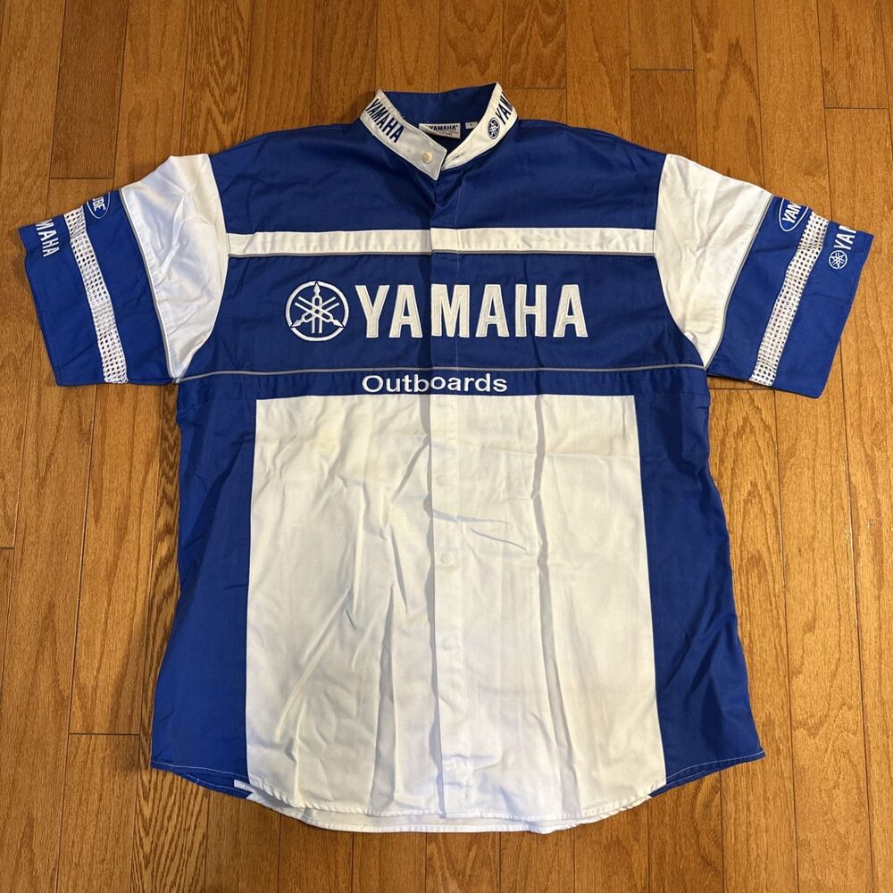 Yamaha Outboards Shirt Mens Large Blue White Team Button Up Short Sleeve Racing
